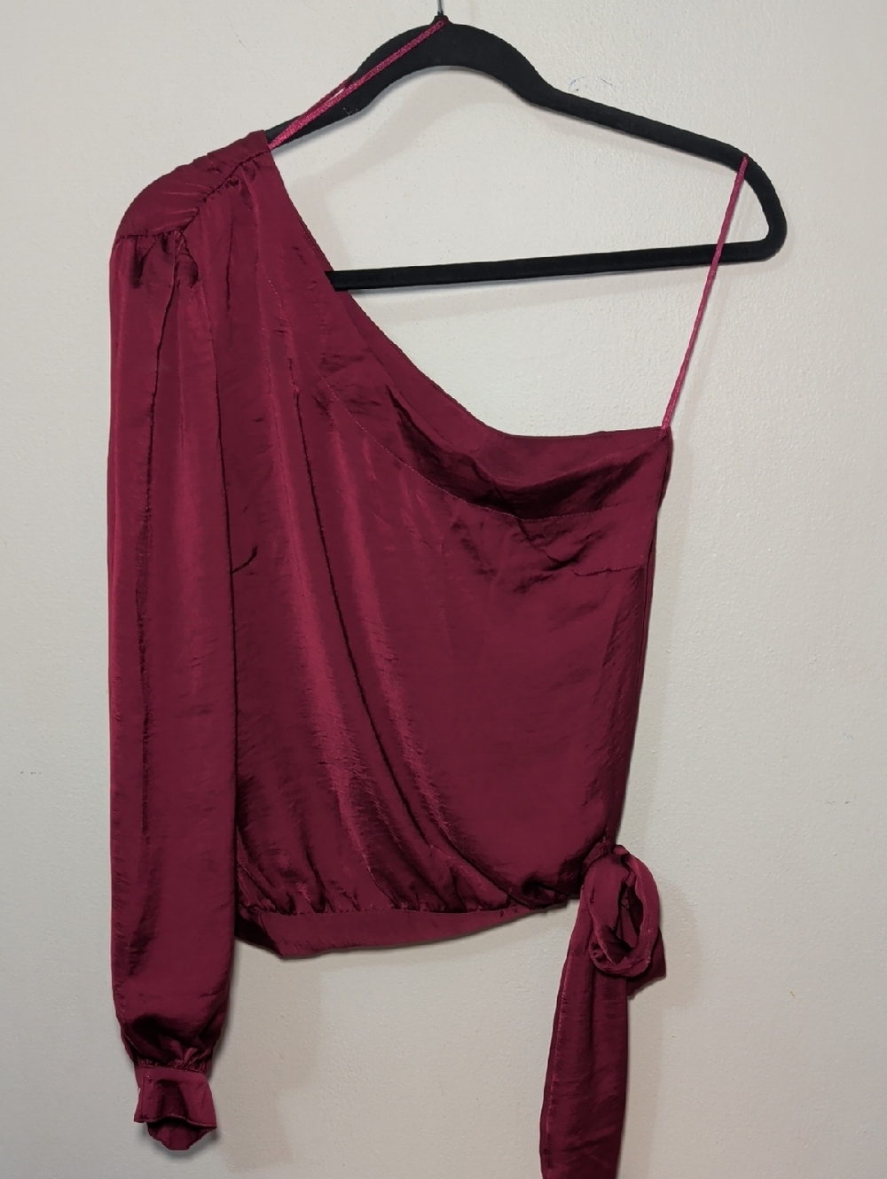 Pants Store One-Shoulder Satin Top in Wine Red Tie Waist Women's Size M